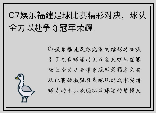 C7娱乐福建足球比赛精彩对决，球队全力以赴争夺冠军荣耀