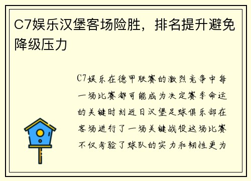 C7娱乐汉堡客场险胜，排名提升避免降级压力